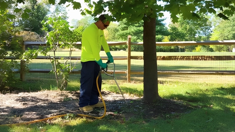 Tree care professional performing trunk injection treatment on a young tree using specialized equipment.