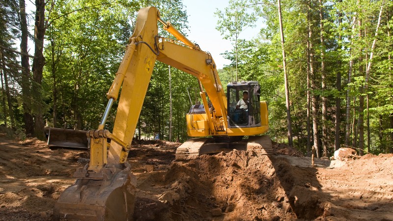 Excavator digging at a wooded construction site surrounded by tall trees and exposed soil.