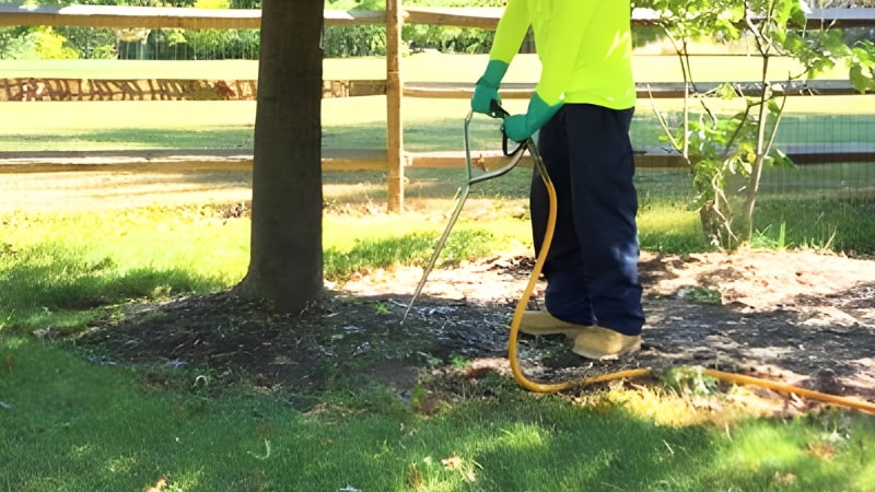 A technician in high-visibility gear uses a hydraulic injection probe to treat the soil around the base of a young tree in a fenced residential yard.