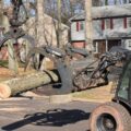 The Clauser Tree Care skid steer and grapple work to remove a tree trunk during tree removal in the winter.